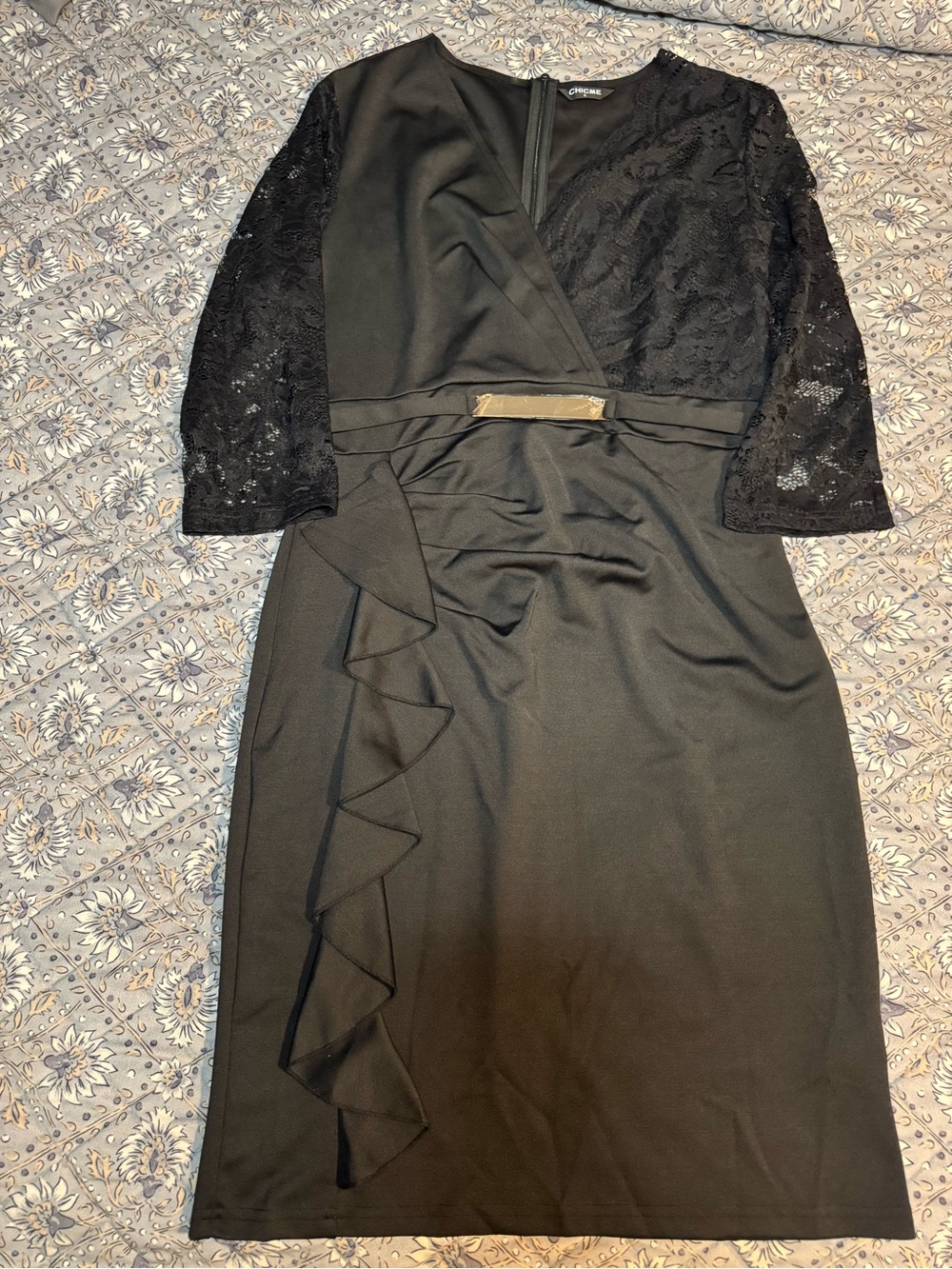 Chicme Black Lace-Sleeve Midi Dress with Metallic Accent Belt